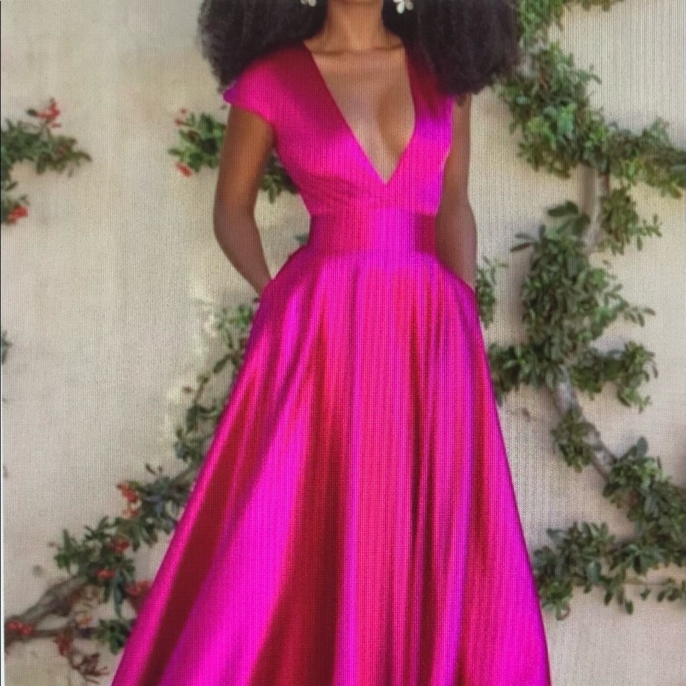 Hot Pink Satin Short Sleeve Midi Dress Size L